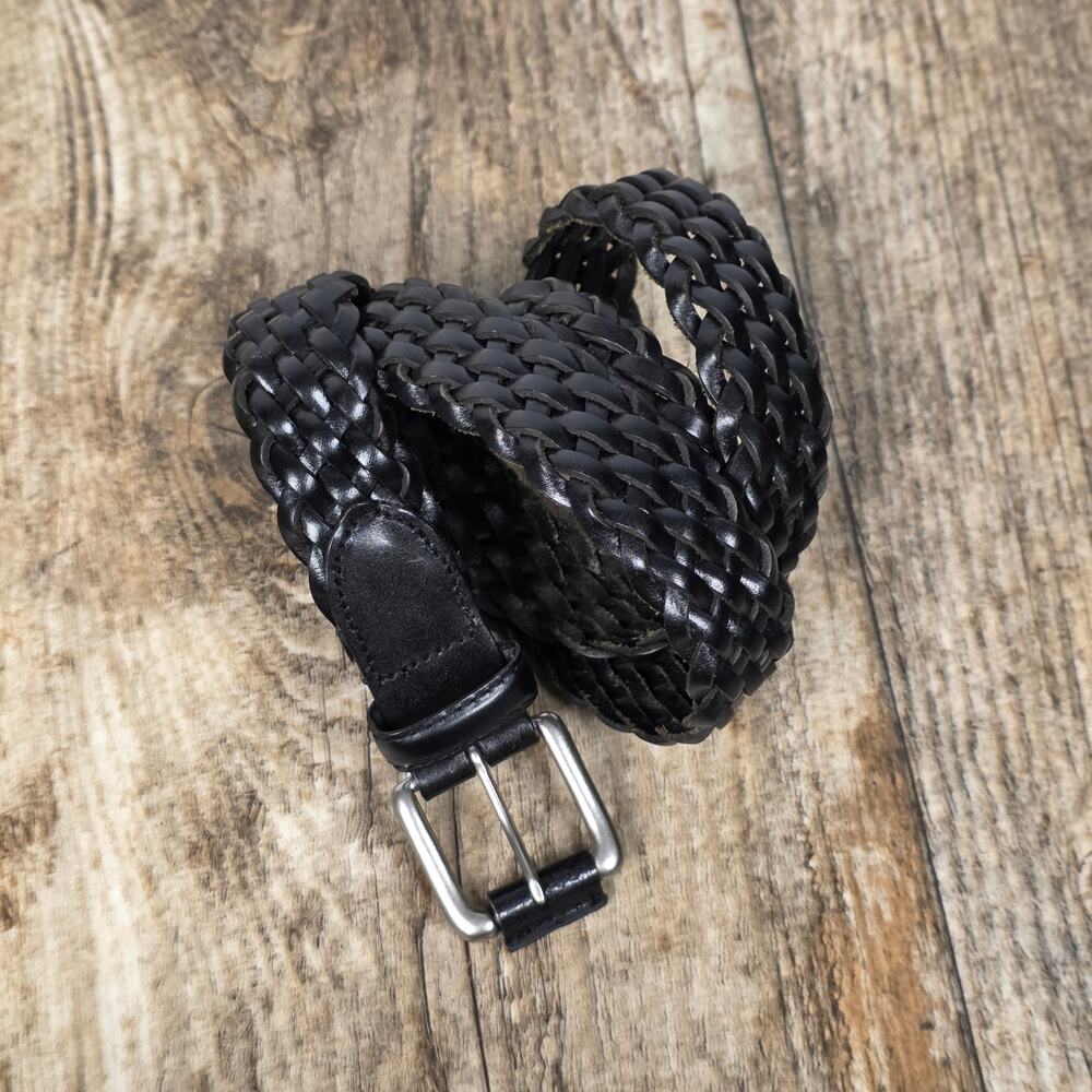 Black Braided Genuine Leather Belt Silver Buckle Adjustable